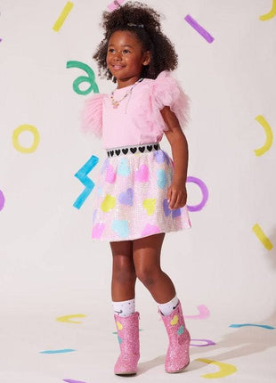 Model Wearing Lola And The Boys Candy Hearts Sequin Skirt