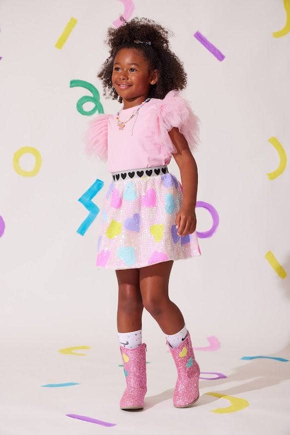 Model Wearing Lola And The Boys Candy Hearts Sequin Skirt