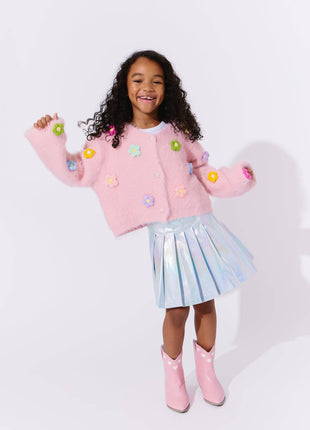 Model Wearing Lola And The Boys 3D Rainbow Daisy Cardigan