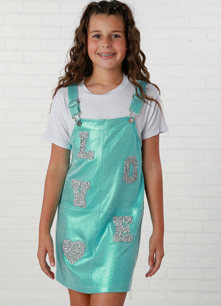 Model Wearing MIA New York Mia New York Aqua Metallic LOVE Overall Dress