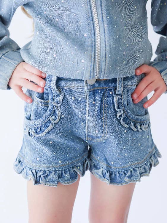 Model Wearing Three Wildflower Designs Denim Ruffle Gem Shorts