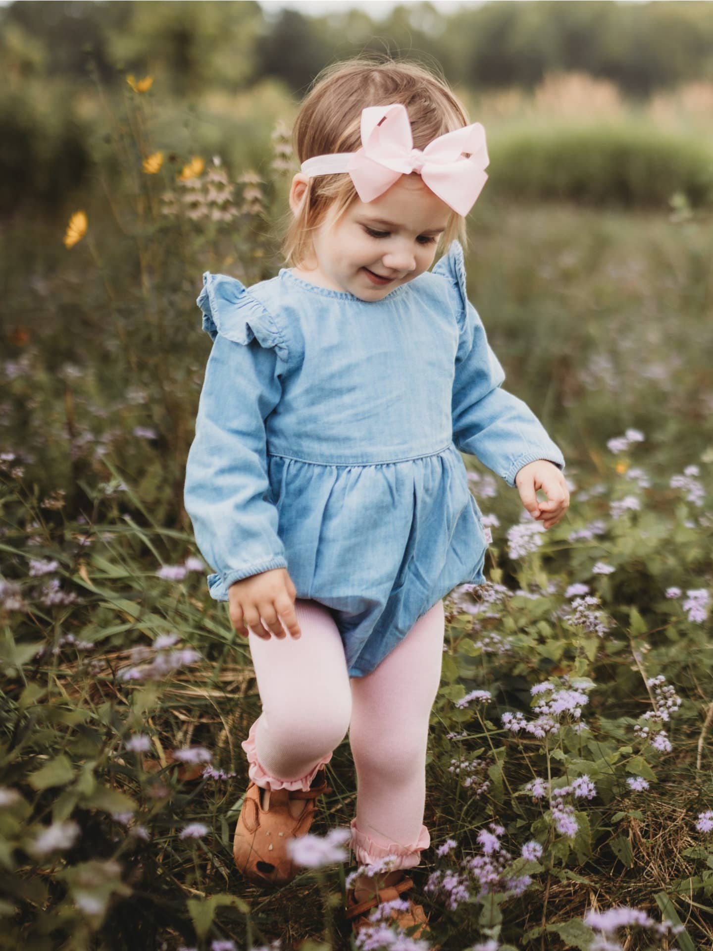 Rufflebutts + Ruggedbutts Baby Girls Light Wash Denim Long Sleeve Flutter Bubble Romper