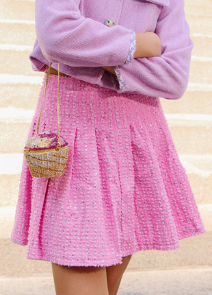 Model Wearing Lola And The Boys Pink Denim Sparkle Pleated Skirt