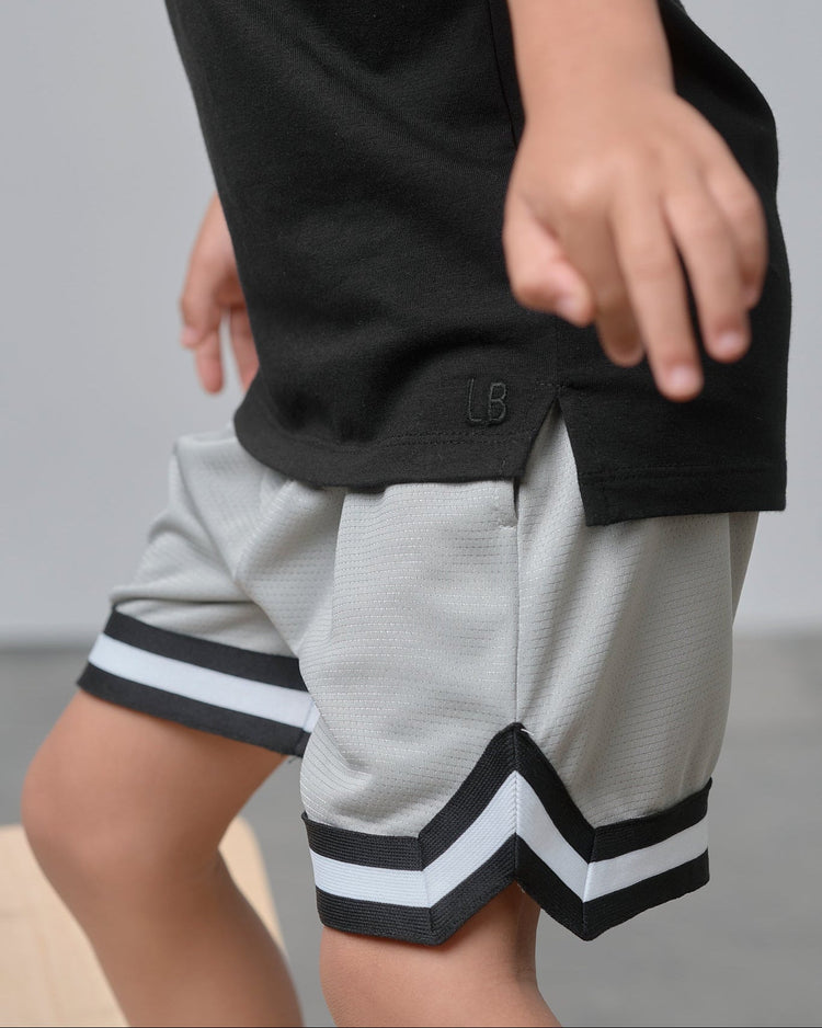 Model Wearing Little Bipsy Varsity Mesh Short - Grey