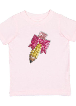 Sweet Winks Pencil Bow Sequin Patch Short Sleeve T-Shirt - Ballet