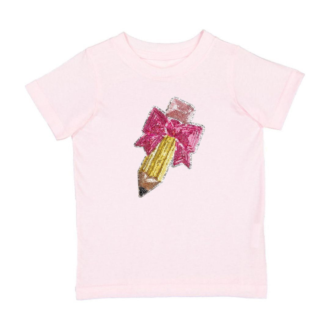 Sweet Winks Pencil Bow Sequin Patch Short Sleeve T-Shirt - Ballet