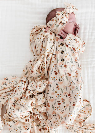 Model Wearing Lou Lou & Company Rachel Knotted Gown, Headband, and Swaddle Blanket