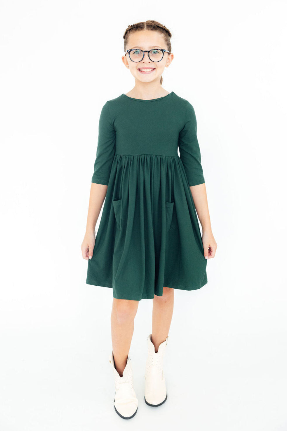 Model Wearing Mila & Rose Spruce 3/4 Sleeve Pocket Twirl Dress