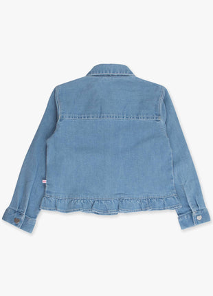 Rufflebutts & Ruggedbutts Girls Light Wash Denim Stretch Denim Ruffle Jean Jacket with Heart Buttons Back