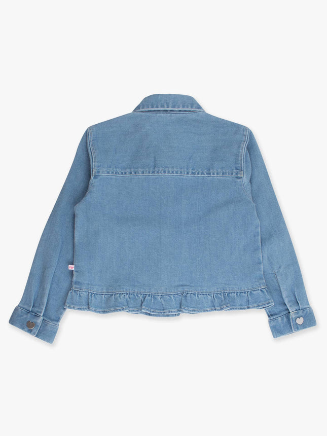 Rufflebutts & Ruggedbutts Girls Light Wash Denim Stretch Denim Ruffle Jean Jacket with Heart Buttons Back