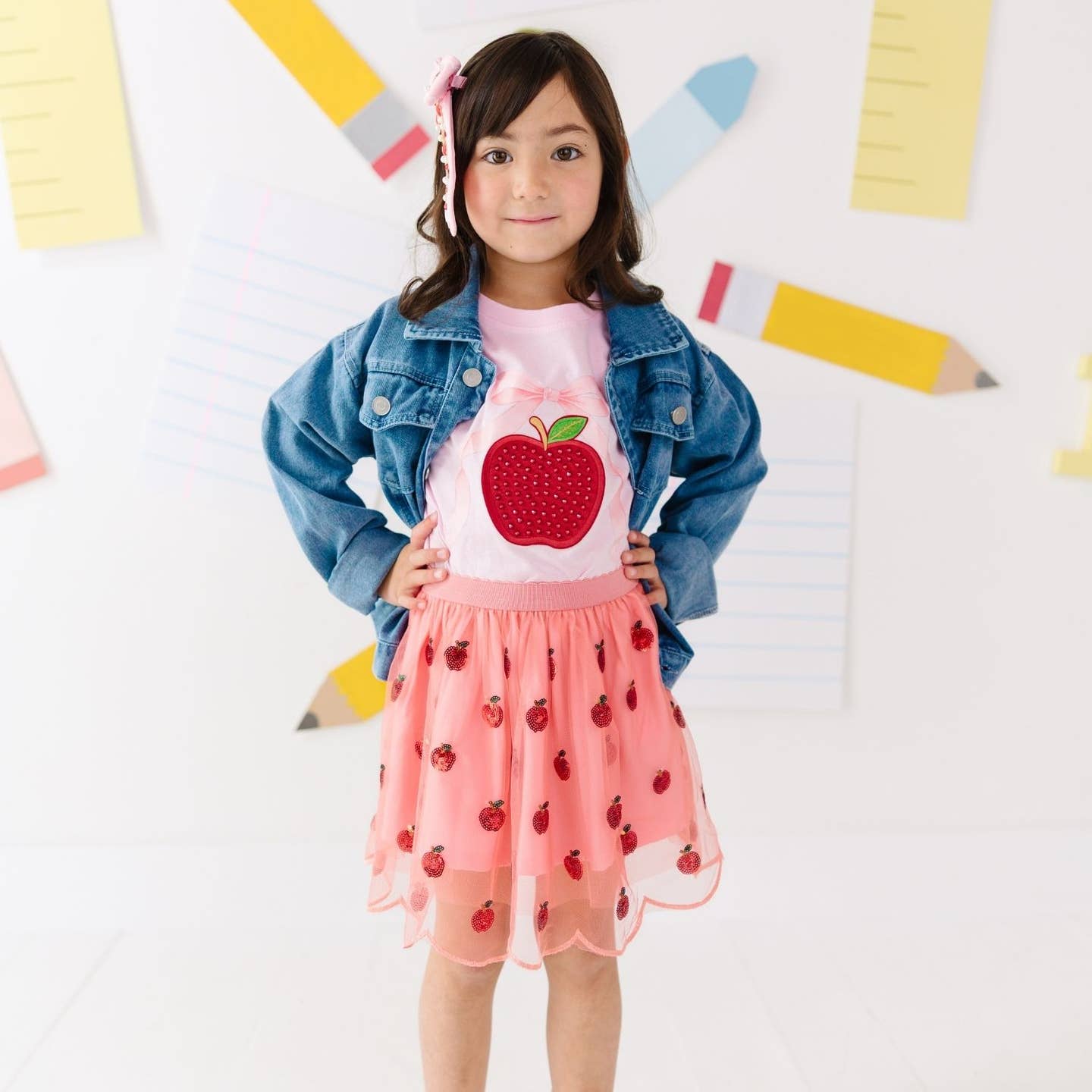 Model Wearing Sweet Wink Apple Gemstone Bow Clip - Hair Bows - Back To School