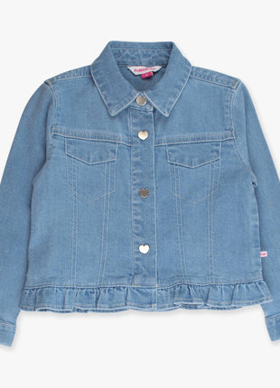 Rufflebutts & Ruggedbutts Girls Light Wash Denim Stretch Denim Ruffle Jean Jacket with Heart Buttons Front