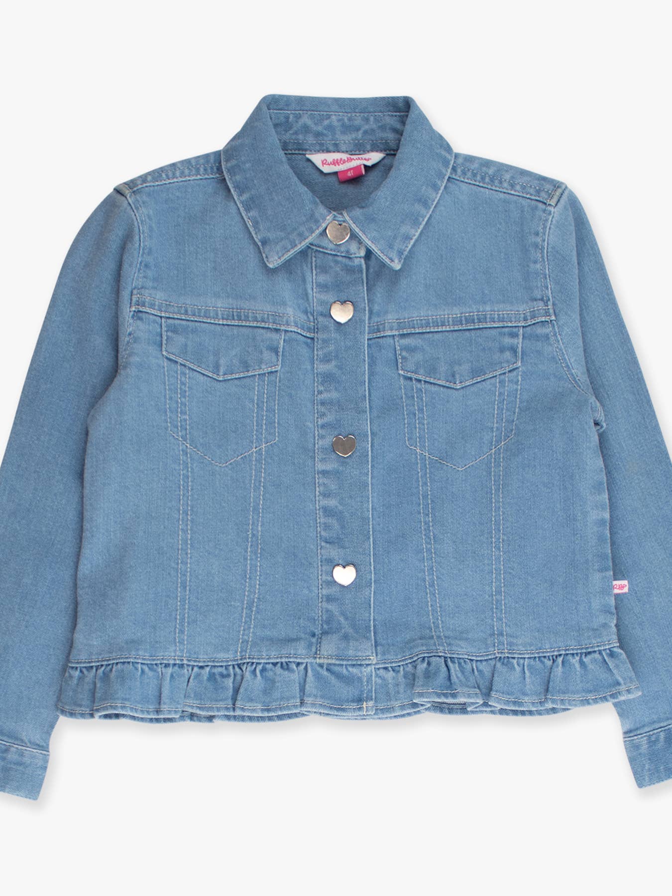 Rufflebutts & Ruggedbutts Girls Light Wash Denim Stretch Denim Ruffle Jean Jacket with Heart Buttons Front