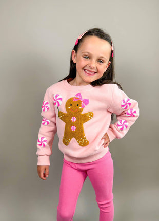Model Wearing Three Wildflower Designs Gingerbread Patched Crewneck | Christmas 