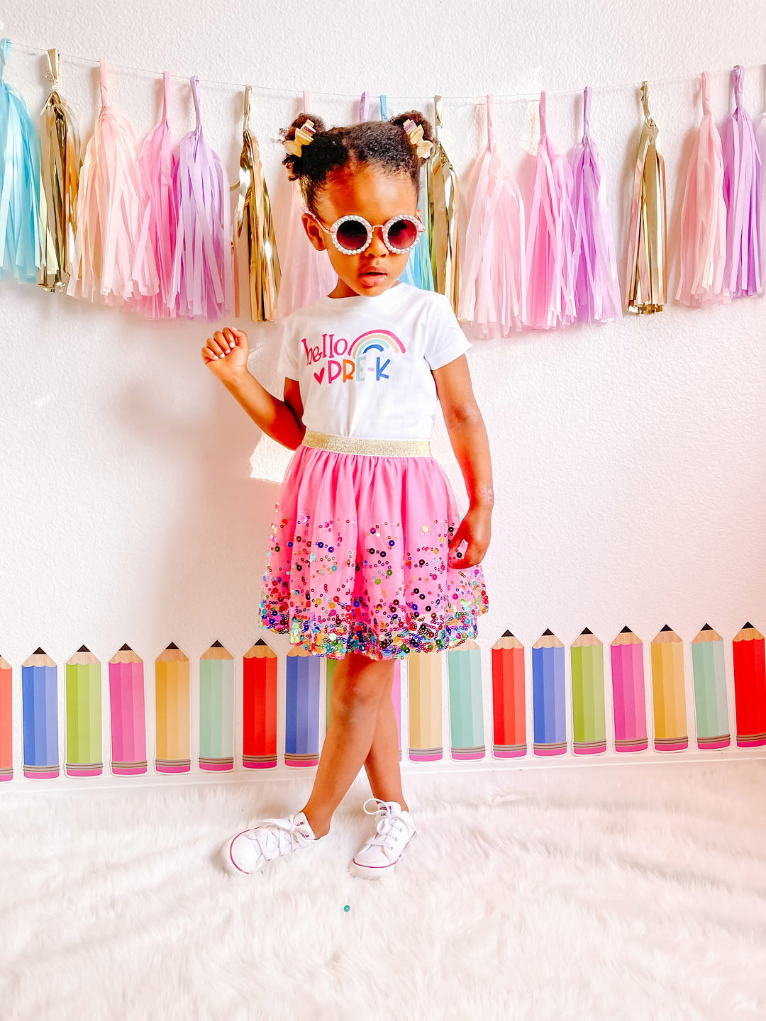 Model Wearing Sweet Wink Hello Pre-K Short Sleeve T-Shirt - White