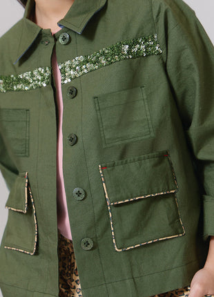 Model Wearing Pink Chicken Girls Wylie Jacket Four Leaf Clover