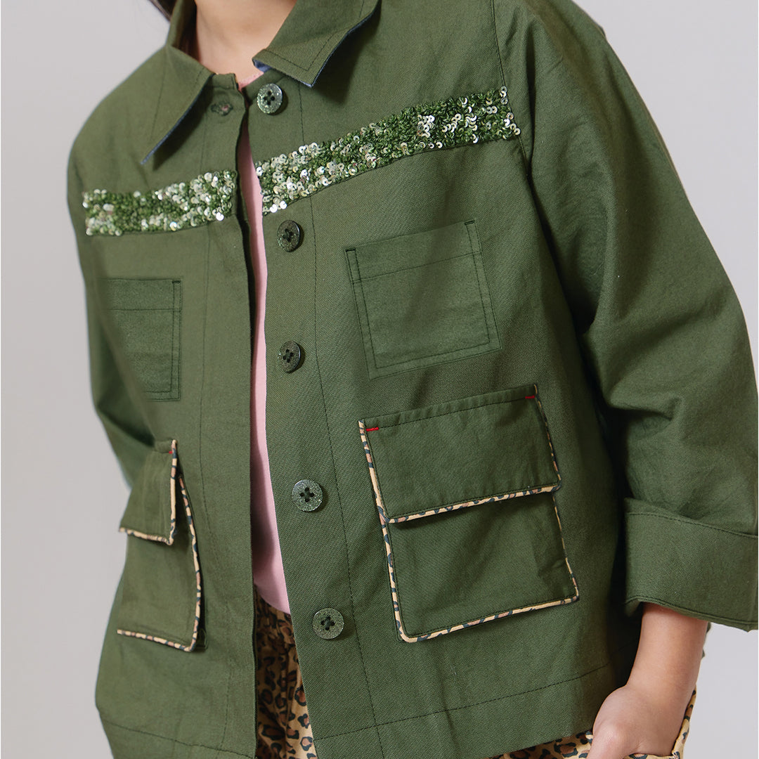 Model Wearing Pink Chicken Girls Wylie Jacket Four Leaf Clover