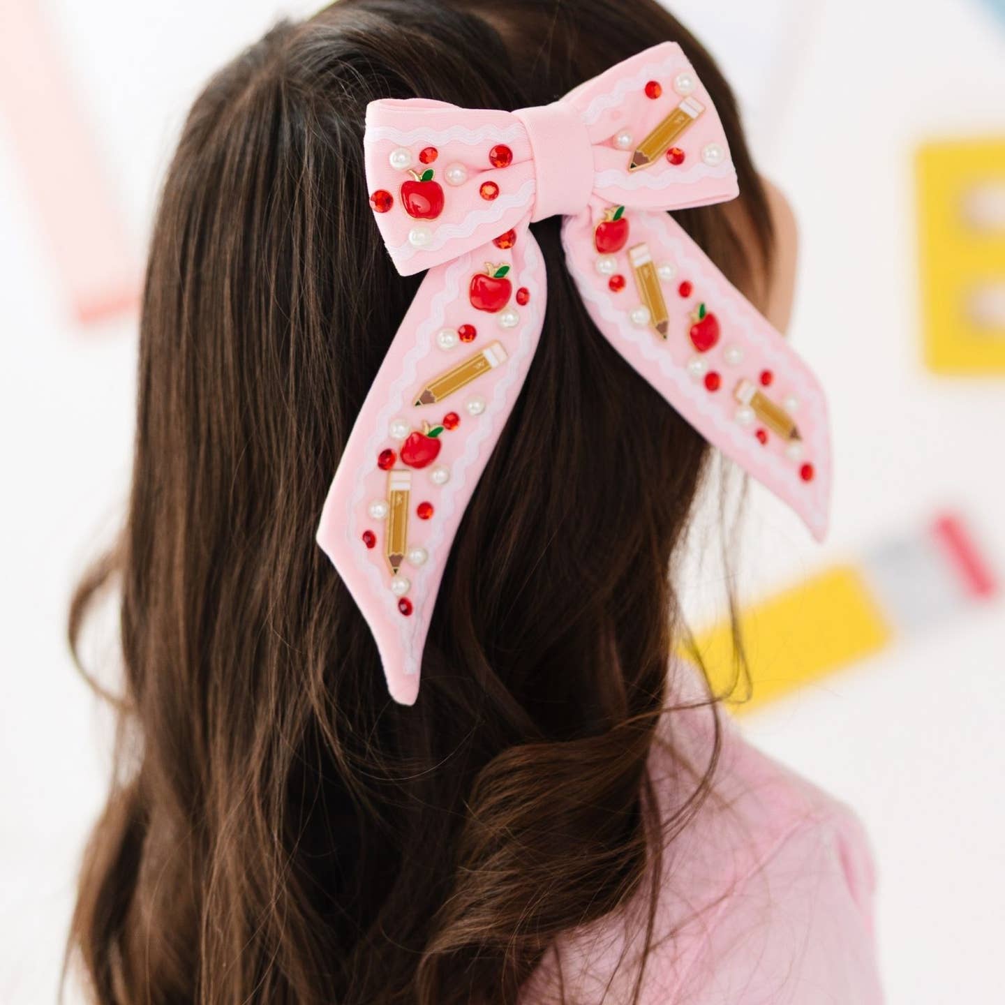 Model Wearing Sweet Wink Apple Gemstone Bow Clip - Hair Bows - Back To School