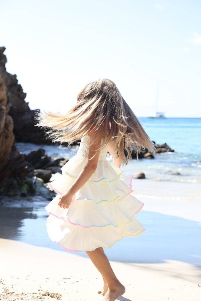 Model Wearing Lola And The Boys Rainbow Tiered Bow Dress