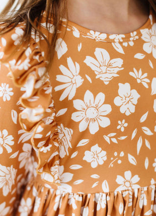 Model Wearing Mila & Rose Golden Blooms 3/4 Sleeve Ruffle Twirl Dress