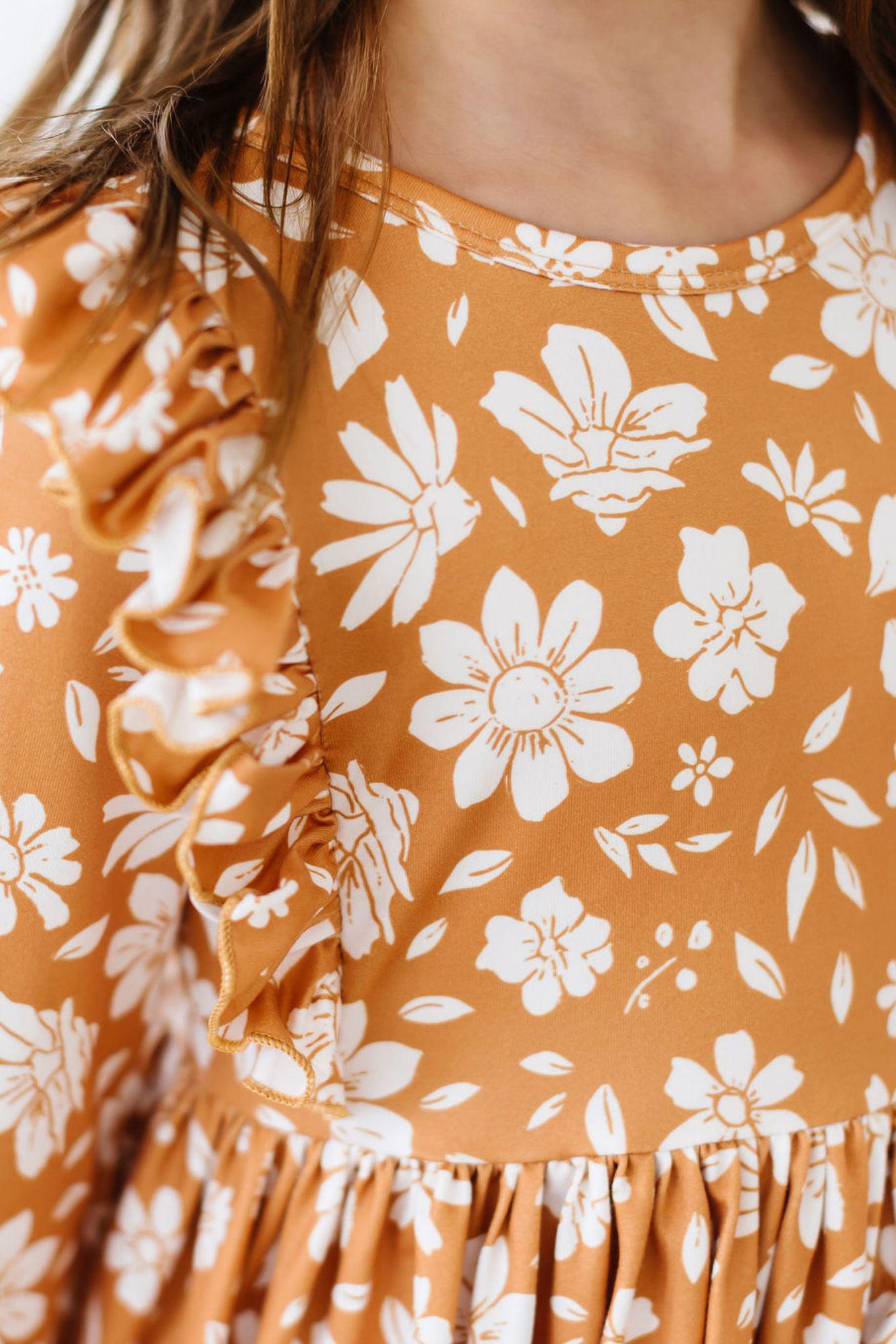 Model Wearing Mila & Rose Golden Blooms 3/4 Sleeve Ruffle Twirl Dress