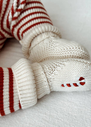 Model Wearing Luna + Luca Candy Cane Embroidered Booties