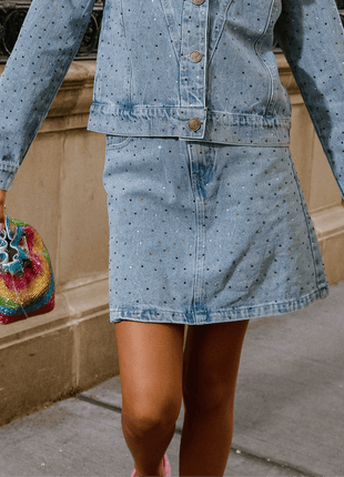Model Wearing Lola And The Boys Rainbow Sparkle Denim Skirt