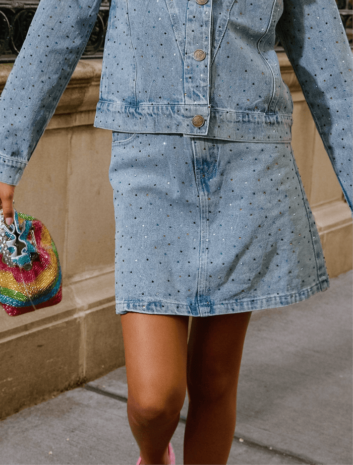 Model Wearing Lola And The Boys Rainbow Sparkle Denim Skirt