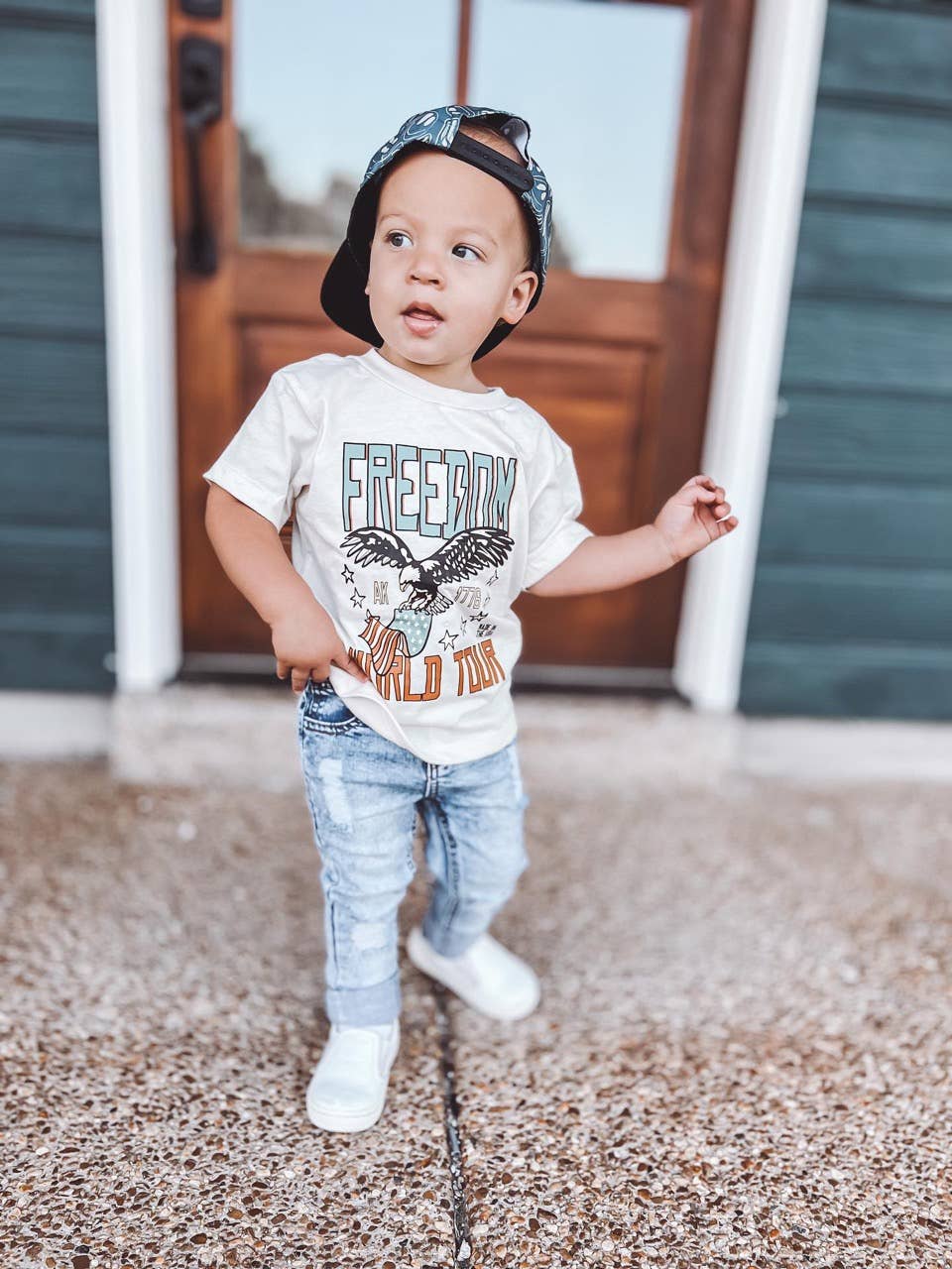 Model Wearing AK CLOTHING Company, LLC Freedom Tour Graphic Tee Mama + Mini