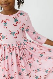 Model Wearing Mila & Rose Candy Cane Cutie 3/4 Sleeve Pocket Twirl Dress