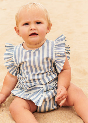 Model Wearing Pink Chicken Baby Girls Abigail 2-Piece Set - Blue Stripe