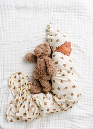 Model Wearing Lou Lou & Company Teddy Swaddle Blanket & Knot Hat
