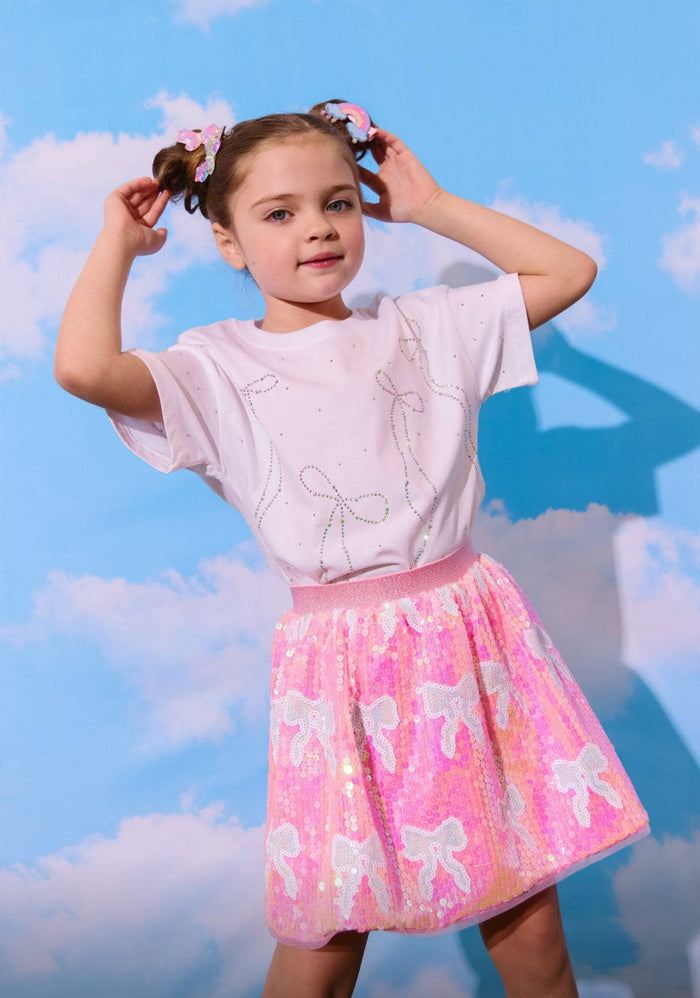 Model Wearing Lola And The Boys Crystal Bows T-shirt