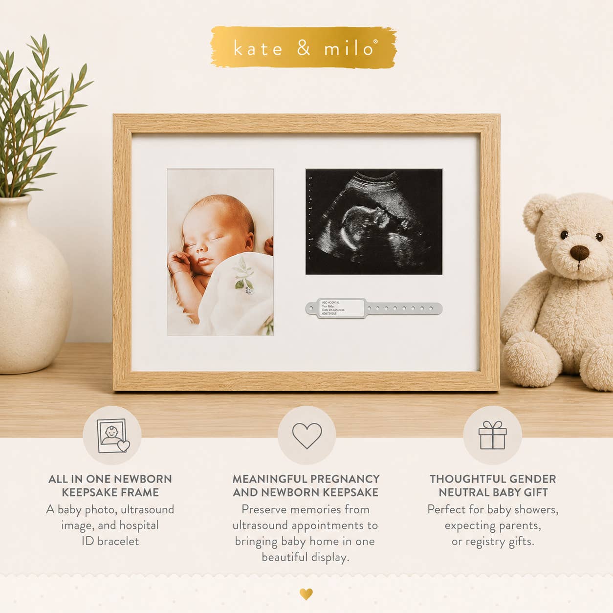 Kate & Milo Hospital Id Bracelet, Photo & Sonogram Frame, Natural