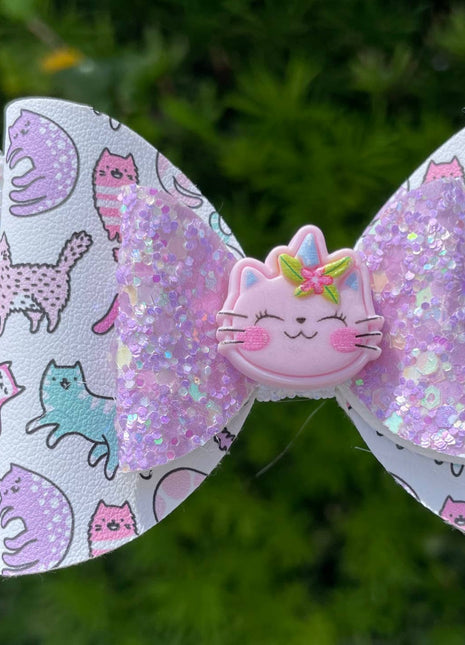 Little Lemons Cat Hair Bow – Vegan Leather 4” Kids Hair Clip w/ Cat Charm