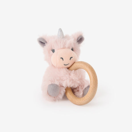Elegant Baby Plush Unicorn Wooden Ring Rattle