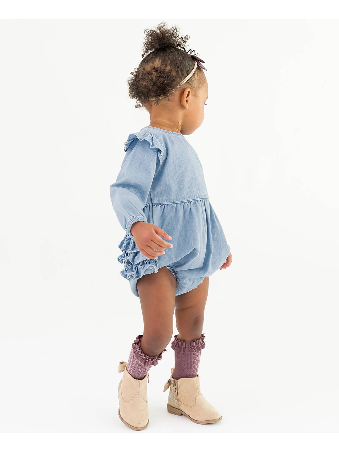 Rufflebutts + Ruggedbutts Baby Girls Light Wash Denim Long Sleeve Flutter Bubble Romper