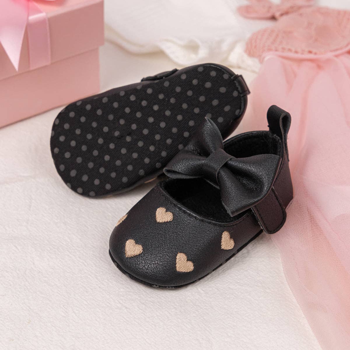 Kids Charm Online Black W/Gold Heart Infant Shoes with Velcro. HMZ1615