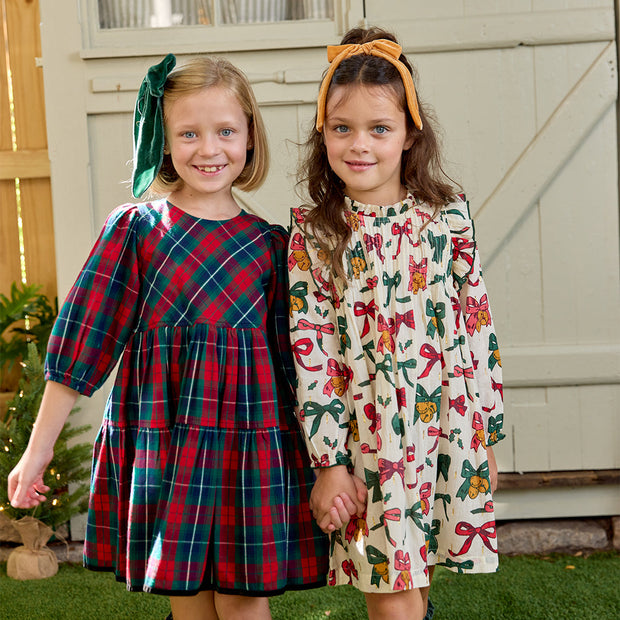 Model Wearing Pink Chicken Girls Maribelle Dress - Red Tartan