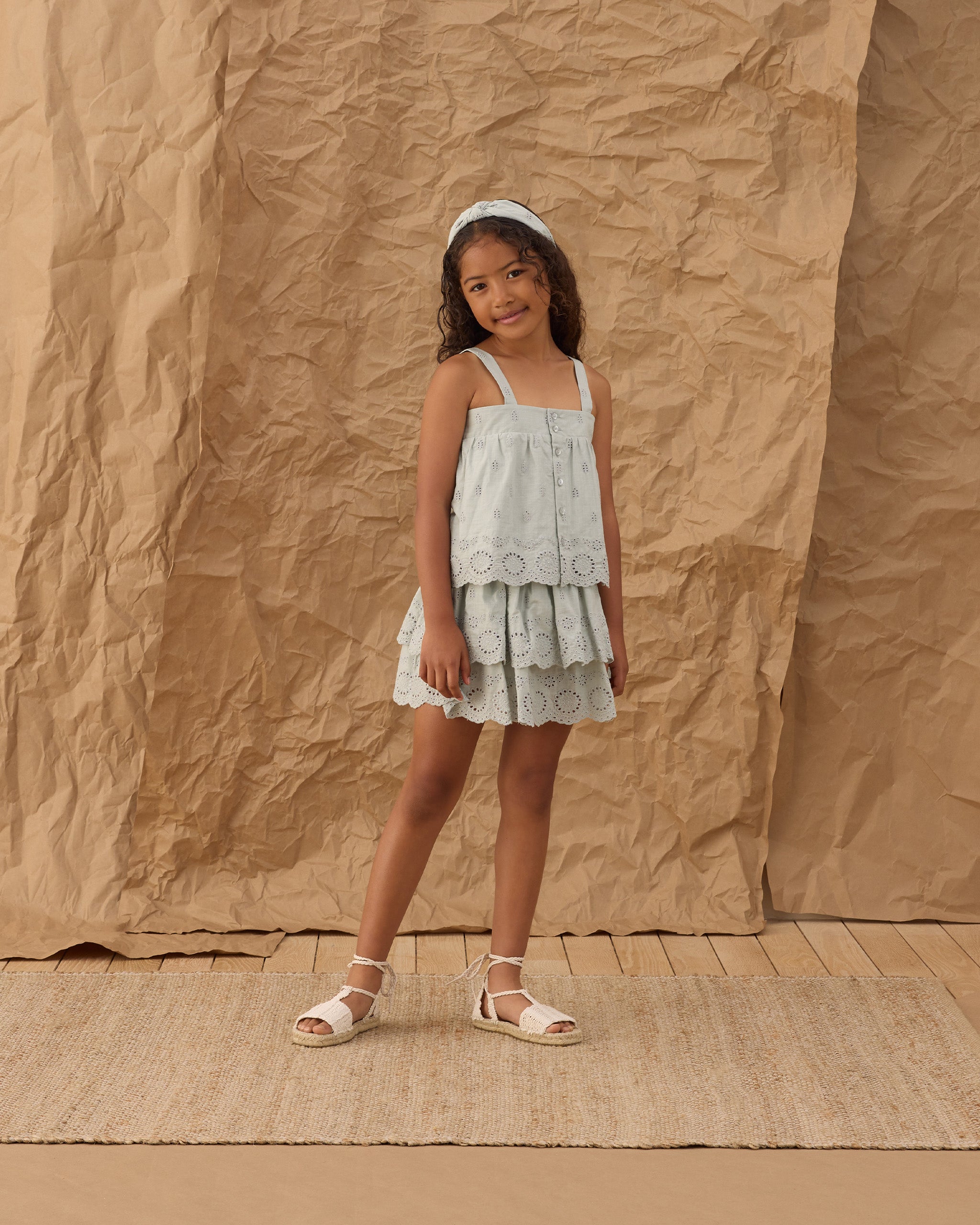 Model Wearing Rylee & Cru Rose Mini Skirt || Seafoam