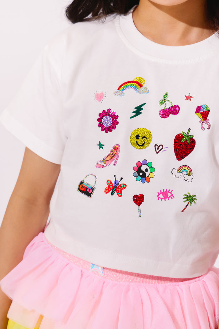 Model Wearing Lola And The Boys Sparkle Doodle Crop T-shirt