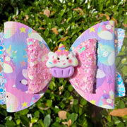 Four Little Lemons Handmade 4" Vegan Leather Unicorn Cupcake Hair Bow