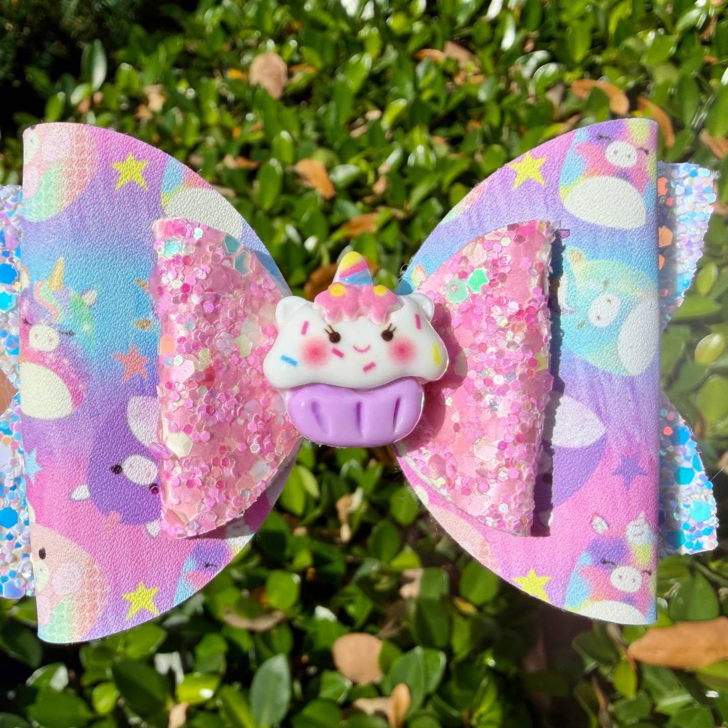 Four Little Lemons Handmade 4" Vegan Leather Unicorn Cupcake Hair Bow