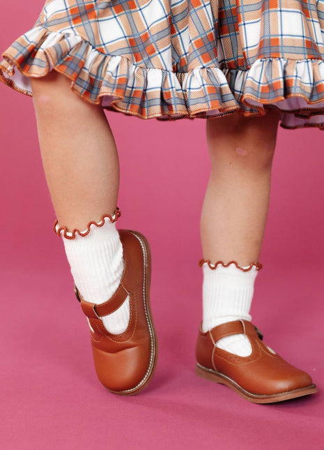 Model Wearing Little Stocking Co. Ribbed Lettuce Trim Midi Socks - Ivory/Sugar Almond