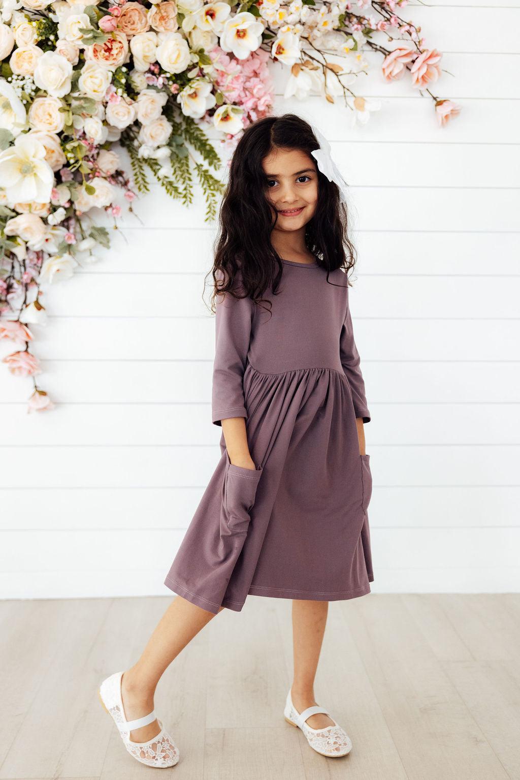 Model Wearing Mila & Rose Vintage Violet 3/4 Sleeve Pocket Twirl Dress