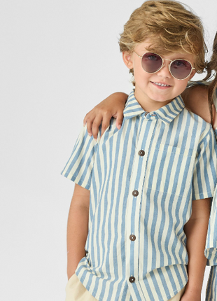 Model Wearing Pink Chicken Boys Jack Shirt - Blue Stripe