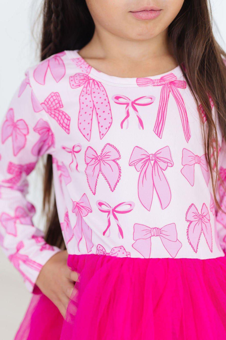 Model Wearing Mila & Rose Pretty in Pink Long Sleeve Tutu Dress Details