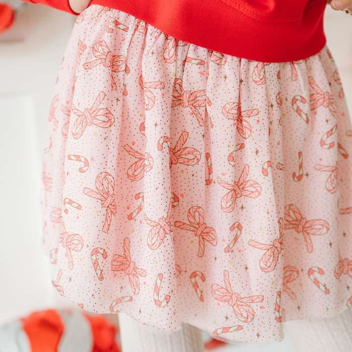 Model Wearing Sweet Wink Candy Cane Bow Printed Christmas Tutu