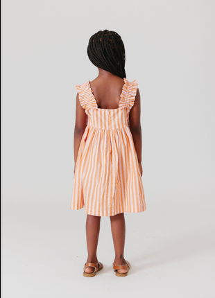 Model Wearing Pink Chicken Girls Via Dress - Orange Pink Stripe
