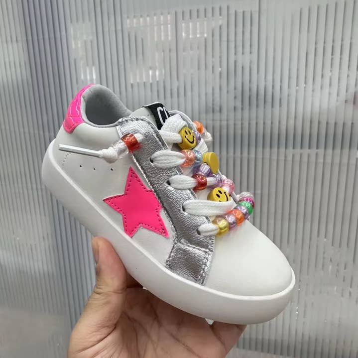 Torn and Trendy Hot Pink Star Sneakers Beaded Laces